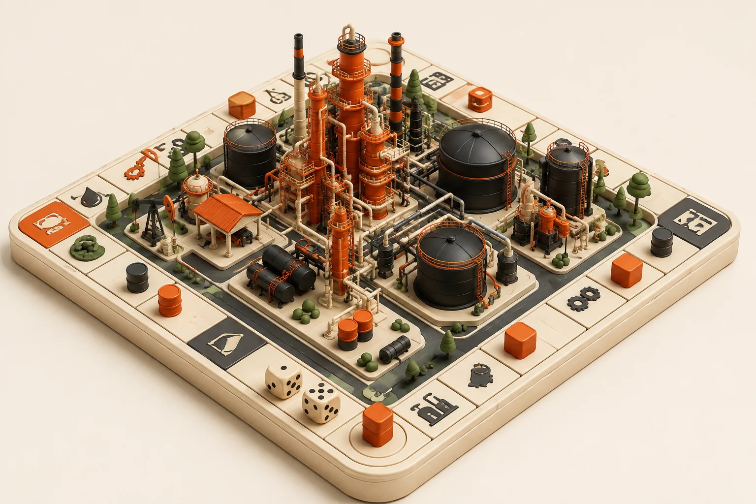 A miniature orange oil refinery on a cream board-game island, with barrels, dice and industrial towers.